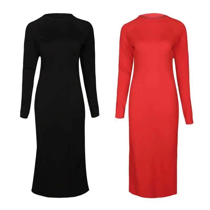 

Women Long Sleeve Ribbed Knit Slim Sweater Dress Solid O-Neck Midi Streetwear