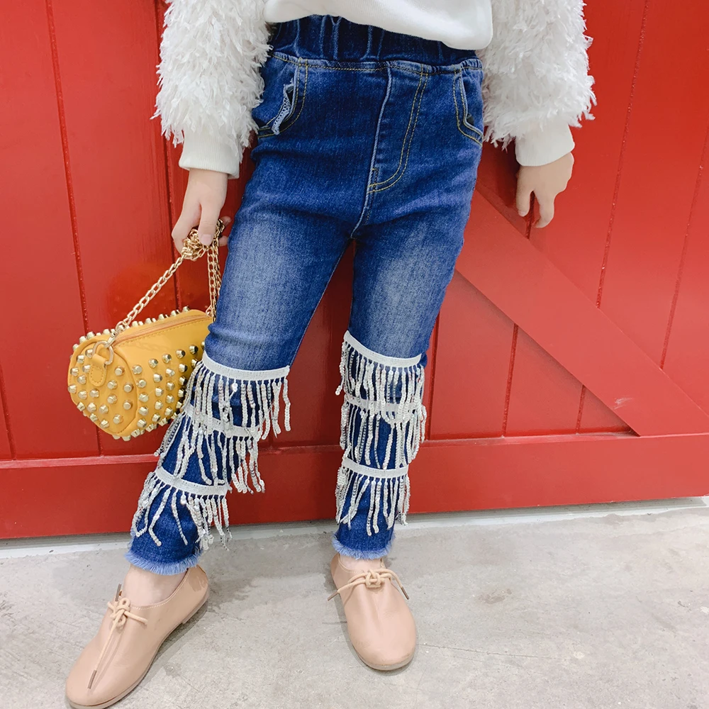 

Girls jeans spring and autumn 2019 new baby wild elastic slim feet pants children's denim casual pants