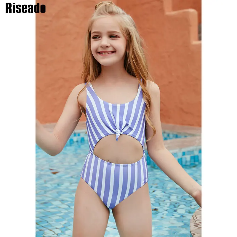 

Riseado Striped One Piece Swimsuit Cut Out Sexy Swimwear Children Knotted Bathing Suit Backless Beachwear Girl Swimming Suit