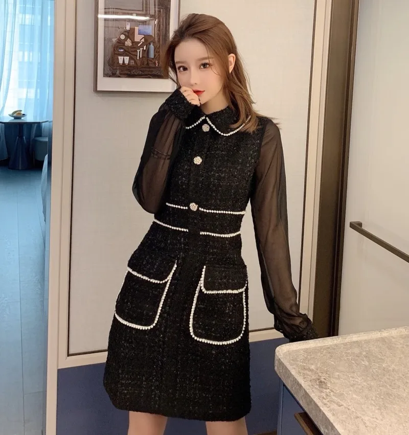 LLZACOOSH Elegant Autumn Women Beads Dress Fashion Bling Mesh Patchwork Tweed trun-down colar Full Sleeve Vestidos |