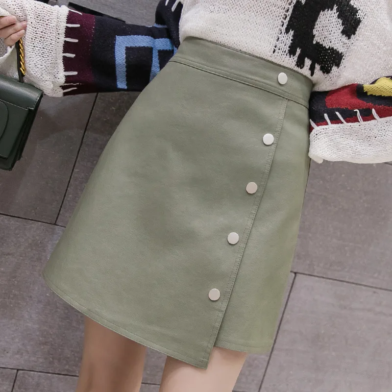 LYZCR, зимняя женская юбка из искусственной кожи, Женская мини-юбка на пуговицах для офиса, женская сексуальная юбка из искусственной кожи, Женская посылка - Цвет: Apple Green