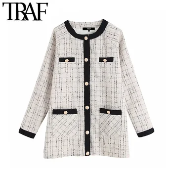 

TRAF Women Vintage Stylish Pockets Single Breasted Tweed Jacket Coat Fashion O Neck Long Sleeve Ladies Outerwear Chic Tops