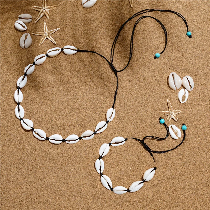 

SEDmart Korean Boho Natural Sea Shell Necklace Choker Bracelet Set for Women Fashion Adjustable Rope Chain Jewelry Beach Jewelry