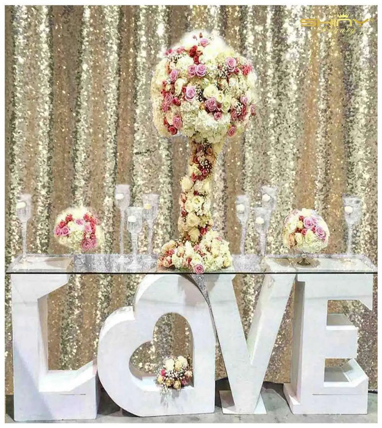 

Shinybauty 12x20ft Champagne Color Birthday Backdrop Sequin Curtains Glitter Party Wall Decoration-M190815