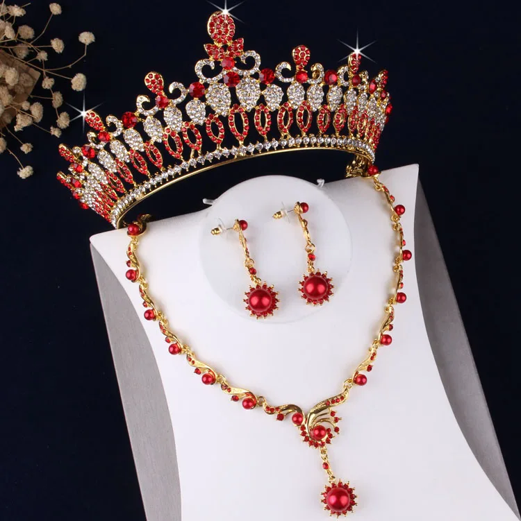 Baroque Vintage Gold Bridal Jewelry Sets Red Crystal Pearls Necklace Earrings Tiaras Crown Set Wedding African Beads Jewelry Set