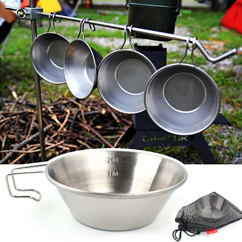 

Outdoor 304 Stainless Steel Bowl Camping Fixed Handle Picnic Mountaineering Water Cup Travel Barbecue Portable Tableware
