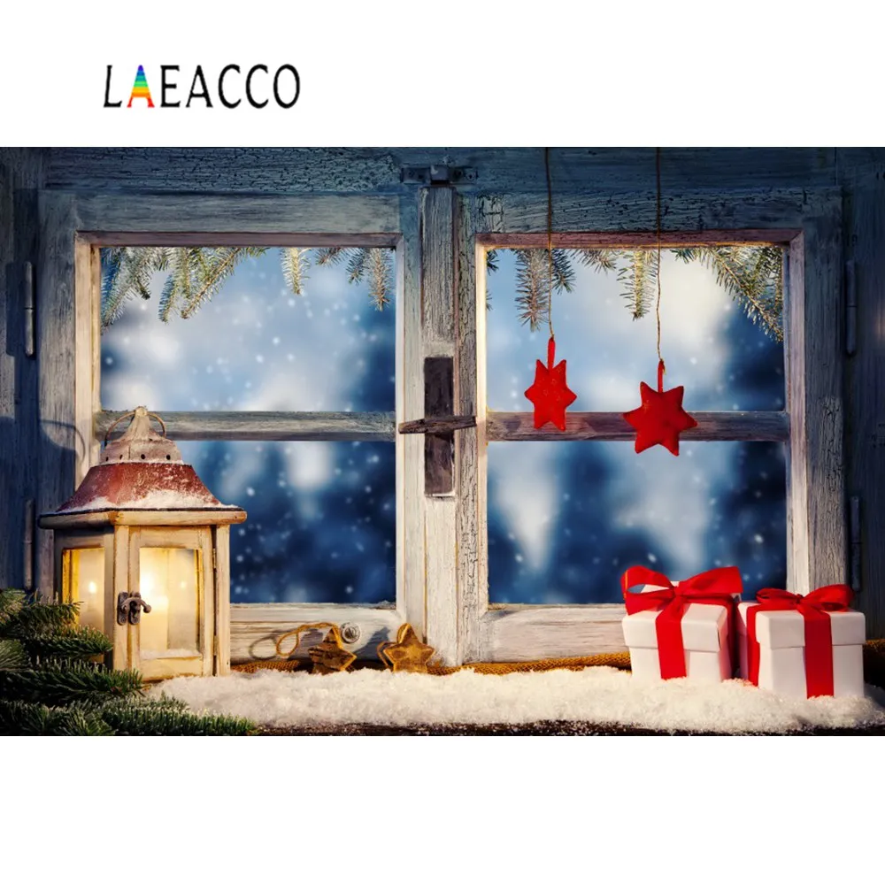 Laeacco Рождественские фоны Подоконник подарок сосновый фонарь снег горошек