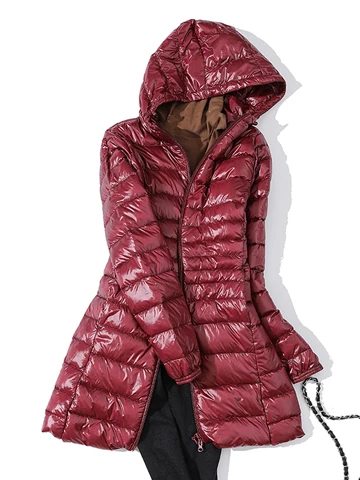 wine red 7XL зимний женский пуховик с капюшоном Длинная Куртка белый утиный пух Женское пальто ультра легкие тонкие однотонные куртки пальто лёгкие парки - Цвет: wine red