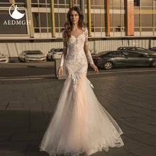 

Aedmgh Sheath Mermaid Wedding Dresses 2022 V-Neck Long Sleeve Sweep Train Vestido De Novia Gorgeous Lace Appliques Bridal Gowns