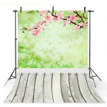 

Peach Blossom Spring Green Backdrop Photocall Wooden Floor Wall Background for Photo Studio Easter Baby Shower Photoshoot