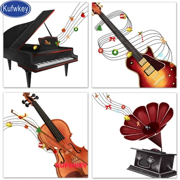

4 pcs diamond painting cross stitch Guitar Piano Violin Musical Instrument DIY full square round Diamond Embroidery mosaic kit
