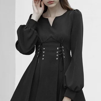 

PUNKRAVE Dark Black Autumn and Winter New High Waist Tie Rope Small Black Skirt Waist V-neck A Word Skirt Dress Female