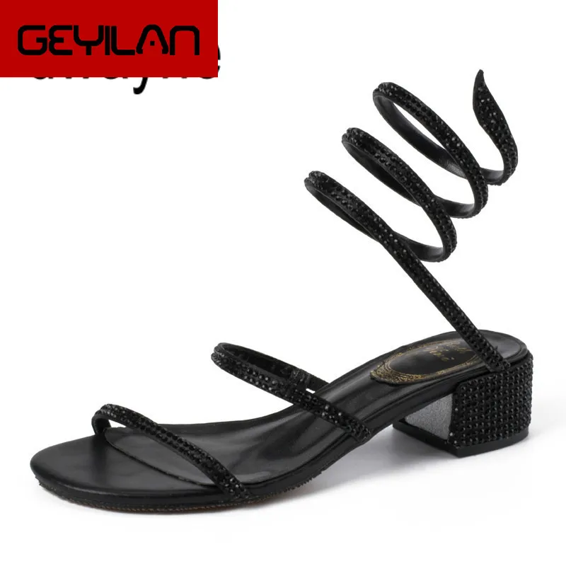 

2019 Summer Women Sandals Fashion Sexy Rhinestone Mid Heel Tied Party Breathable Comfort Shopping Woman Walking Casual Shoes 3