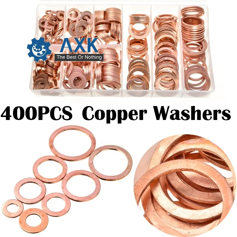 

400Pcs Assorted Copper Washer Gasket Set M6-M22 Flat Ring Seal Assortment Kit with Box For Hardware Accessories