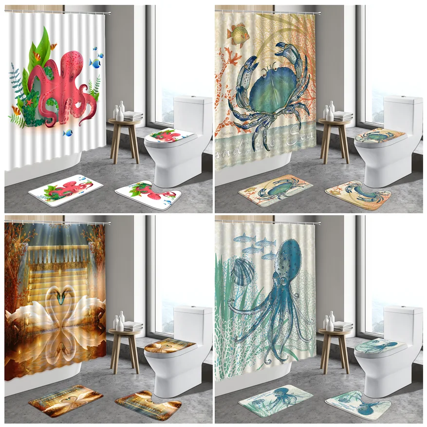 

Cartoon Animal Shower Curtain Octopus Love Heart Swan Bathroom Sets Creative Illustration Painting Bath Mat Non-slip Flannel Rug