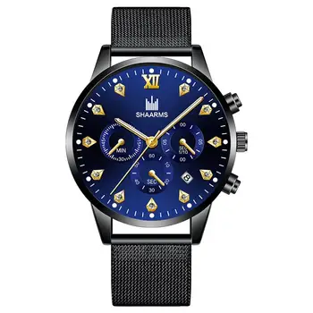 

SHAARMS Men's Wristwatch Blue Dial Fashion Casual Quartz Watch Stainless Steel Mesh Band Watch Date Clock Reloj Hombre