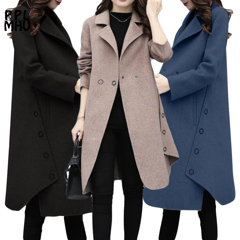 Abrigo de invierno para mujer amplio cinturón de solapa de lana mezcla abrigo Размер largo gabardina abrigo Лана де para mujer
