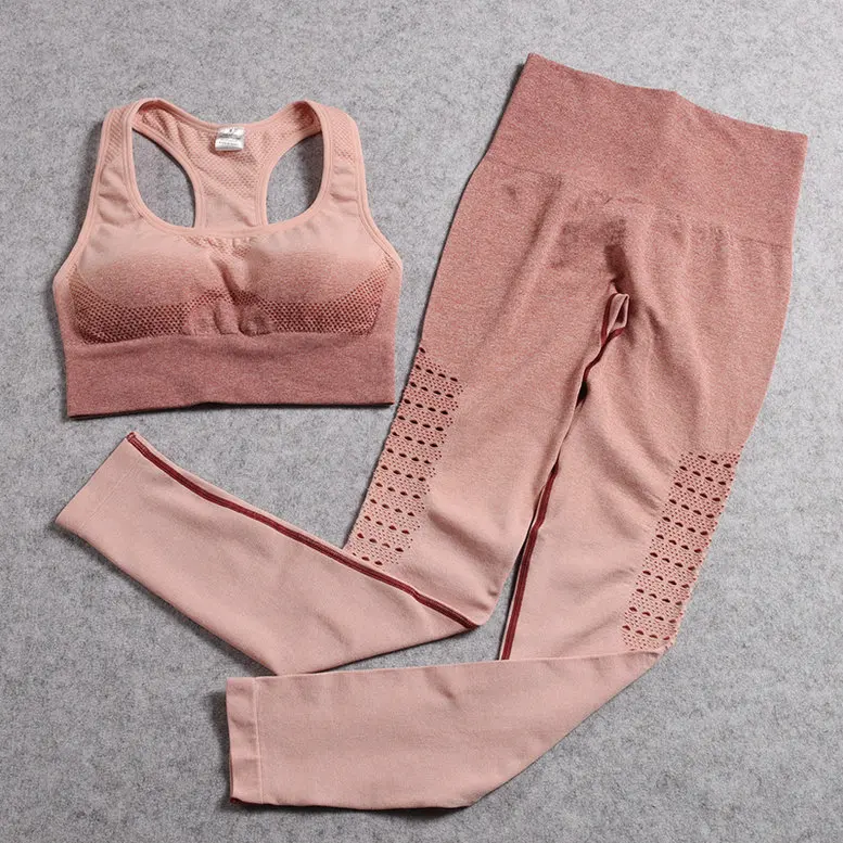 Pink Set Комплект из 2 предметов для тренировок с вырезами, Женская бесшовная Омбре, спортивная одежда для йоги, одежда для фитнеса, женская спортивная одежда, леггинсы для спортзала, спортивный комплект - Цвет: Pink Set