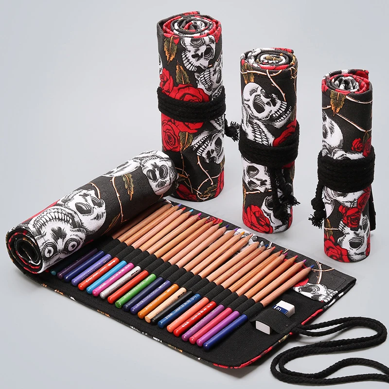1pcs Beautiful Rose Skull Pattern School Pencil Case Roller Storage Pen Bag Holder Canvas Box Stationery Office Supplies | Канцтовары