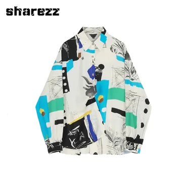 

Sharezz Spring 2020 Designer Women Print Blouse New Vintage Lapel Long Sleeve Loose Fit Shirt Fashion Tide ladies tops