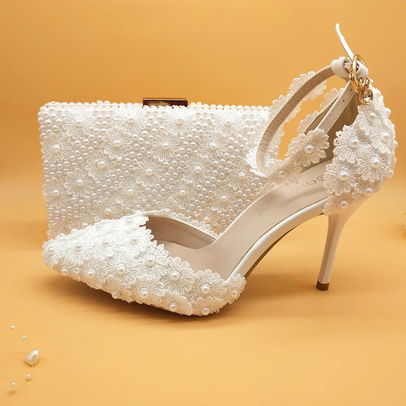 Fashion Lace Flower Wedding Shoes With Matching Bags High Heels Pointed