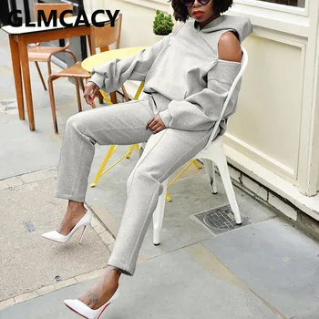 

Women Casual Two Piece Tracksuits Solid Cold Shoulder Hooded Sweatshirt and Jogger Pants Set