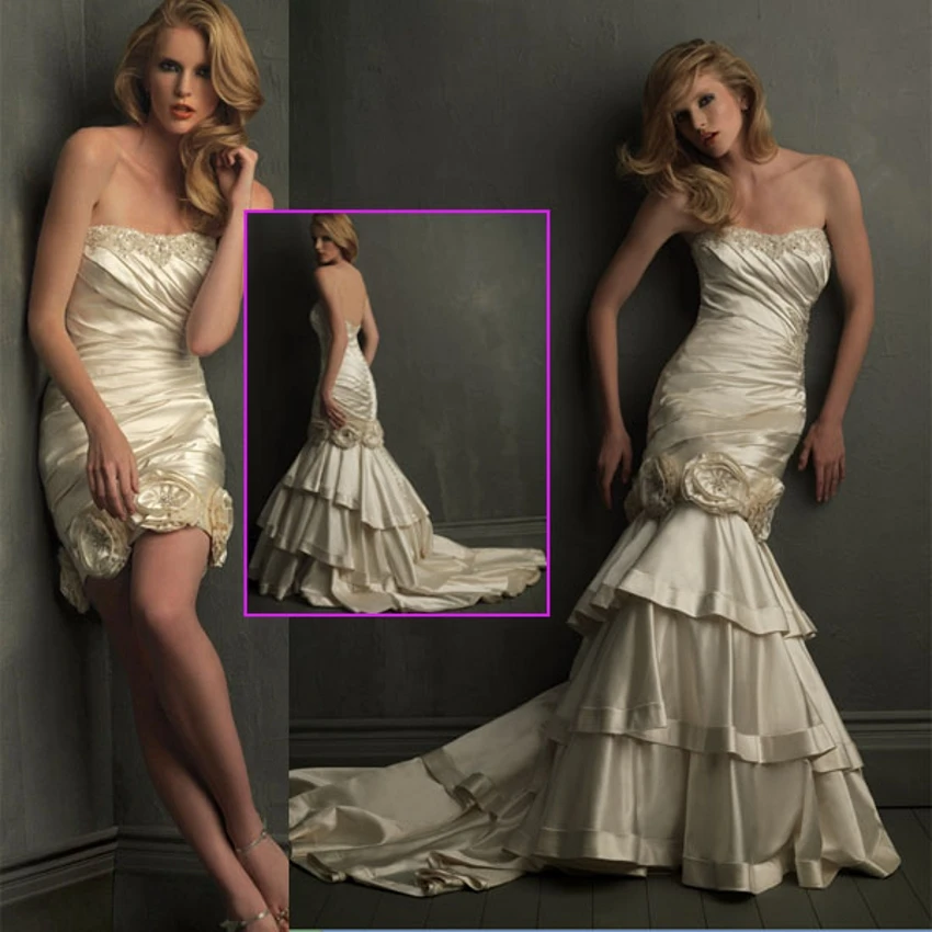 

New 2 In 1 Bridal Gowns Satin 3D Flowers Detachable Mermaid Wedding Dress Vestido De Noiva Strapless Bridal Dresses 2021