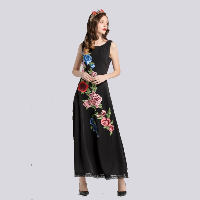 Модное шоу Moda Цветочные Vestidos de Festa Sem Mangas das Mulheres Do винтажные Flor Preto Bordado Vestido longo