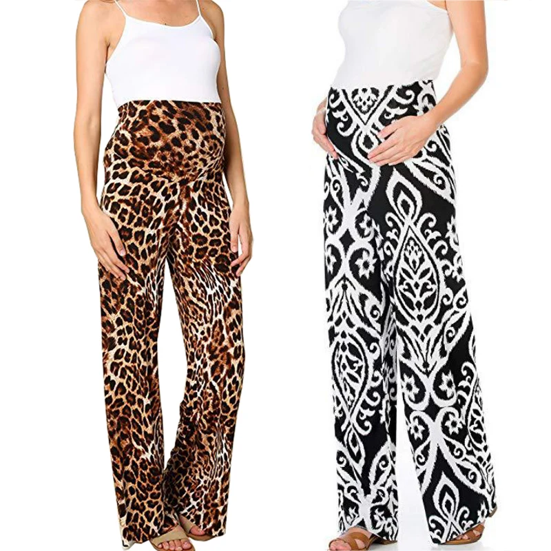 Summer Maternal Pants Women's Sexy Bohemian Print Leopard Pregnant Women Wide Leg Pants Cute Mom Maternity High Waist Trousers