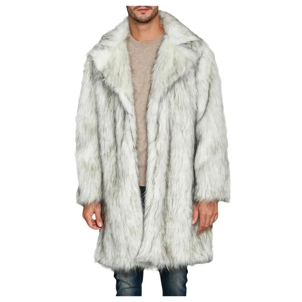 Winter Cardigan Mens Overcoat Warm Thick Faux Fur Coats With Hood Fur Parka Oversized Men Fur Overcoat Warm Faux Fur Jacket Men - Color: White