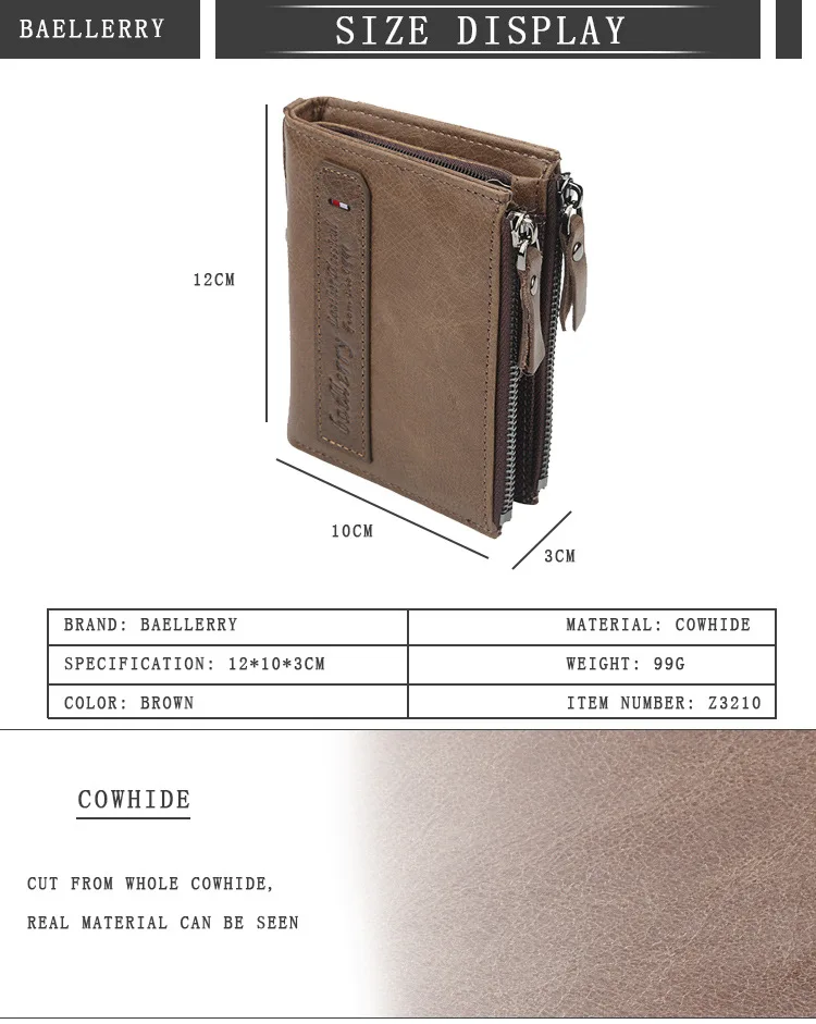 Baellerry Men Wallets Genuine Cow Leather Double Zipper Card Holder High Quality Male Purse Vintage Coin Holder Men Wallets