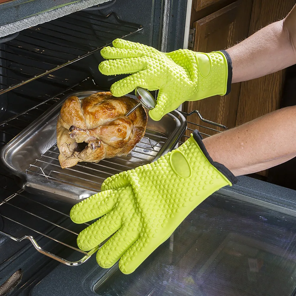 

Silicone Anti-Scald Thicken Gloves Protective Non-Slip Heat Resistant Dishwasher Safe Oven Gloves Bbq Baking Potholder 27.5*19