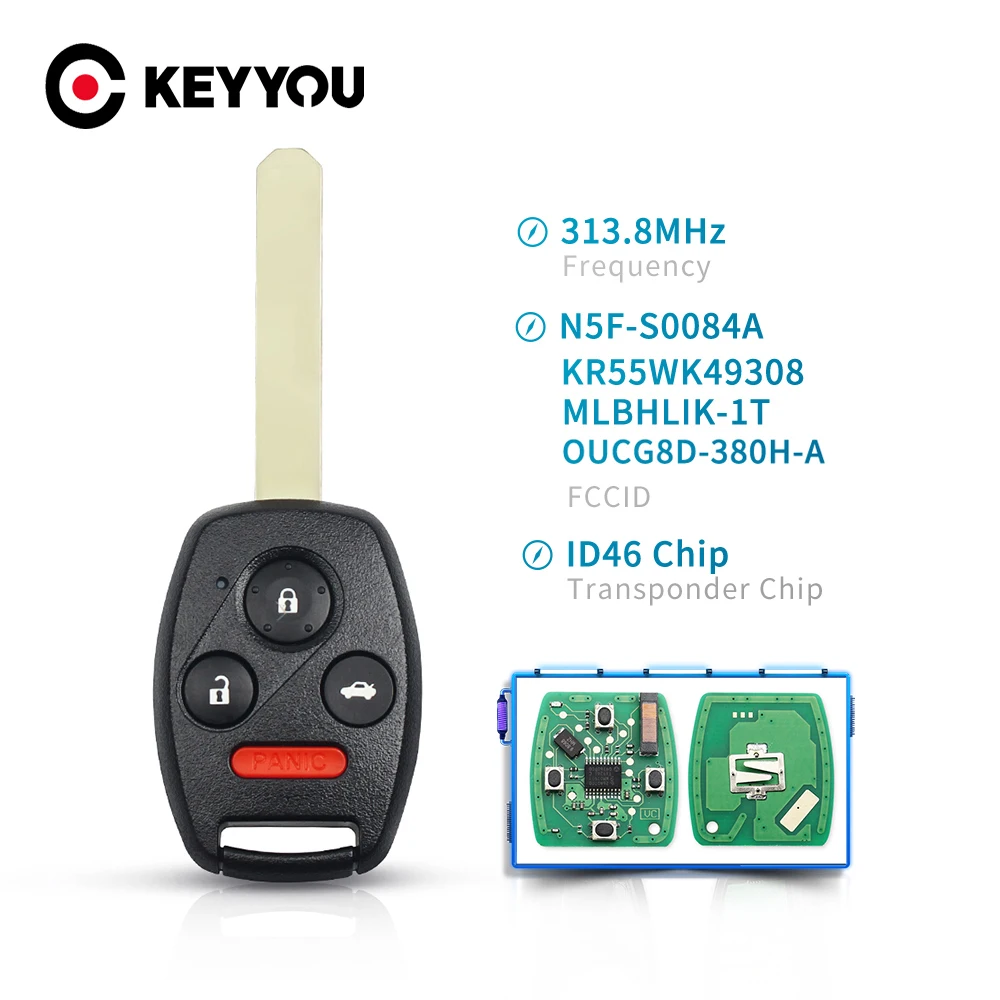 KEYYOU 313 8 МГц 4 кнопки для Honda Civic 06-11 Pilot 09-15 Accord 03-12 ID46 БЕСКЛЮЧЕВОЙ ключ сигнализации |