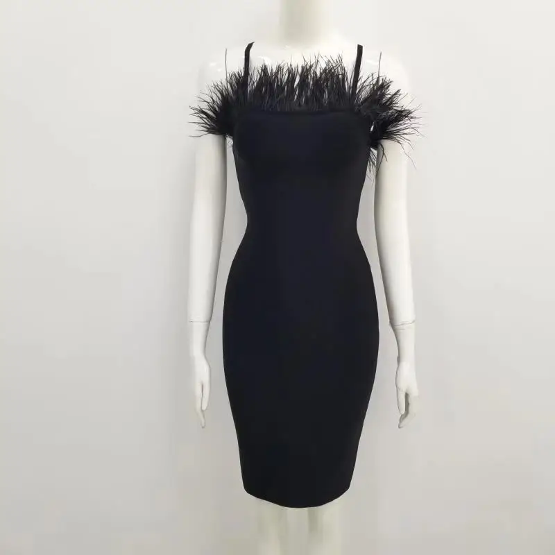 Вискоза эластичная Bodycon Вечерние Платье Лидер продаж Для женщин летние сексуальными тоненькими лямками без бретелек Перья чёрный; коричневый бандажные платья
