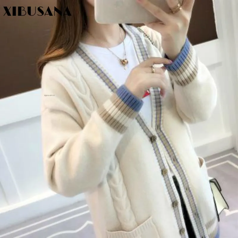 

XIBUSANA sweater coat cardigan latest autumn 2020 fashion wild Korean version of V-neck loose wool sweater women's shirt lazy