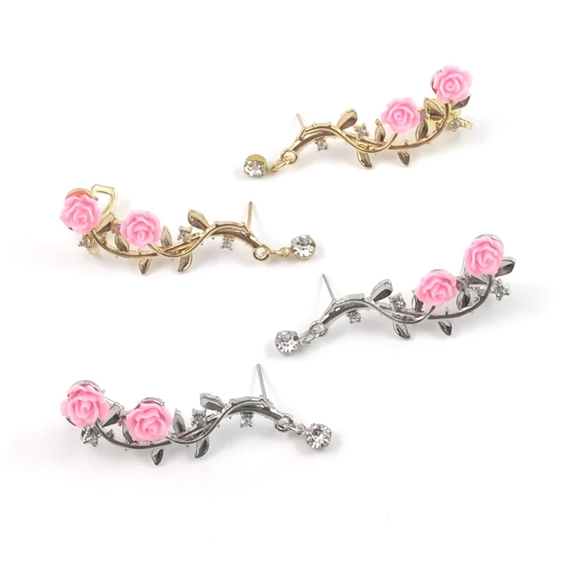 Vintage Rose Flower Cuff Earrings Trendy Rose Flower Climber Crawler Earrings Sparkly Metal Leaf Ear Cuff for Women Girl ear clip earrings clip earrings ear clip ear accessories