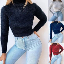 2020 Women Fashion Candy Color Sweater High Neck Plush Fleece Crop Jum