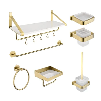 

Brushed Gold Bathroom Accessories Set Marble Towel Rack Toilet Roll Paper Holder Wall Towel Ring Soap Dish Toilet Brush Holder