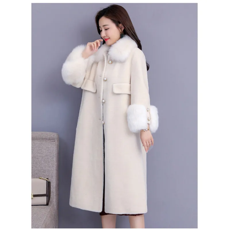 Женское пальто из искусственного меха, M-4XL, большие размеры, топы, куртка, Осень-зима, новинка, длинный рукав, синий, бежевый, модное длинное пальто из искусственного меха, LD1223 - Цвет: beige