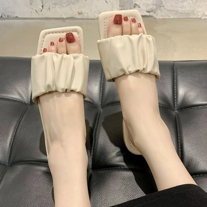 

Summer Women's Slippers Sandals Simple Pleated Flip Flop Casual Beach Square Head Open Toe Flat Heel Shoes Outdoor Comfortable