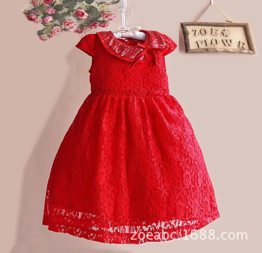 

Zoeflower New Style Button Empty Children Shirt with Sequin Lace Edge Women's Children Shirt Short-sleeve Dress Red