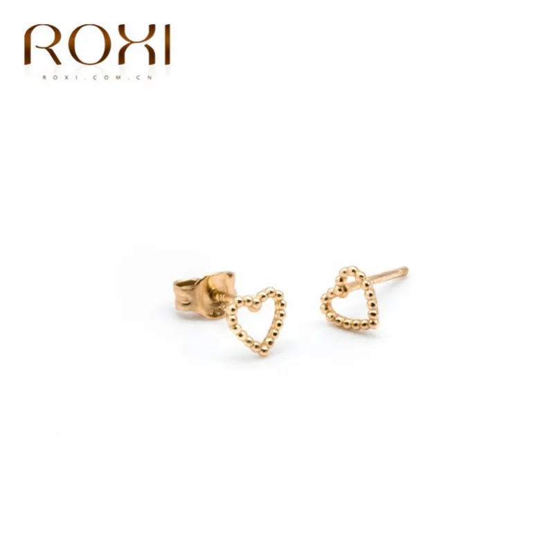 ROXI, модные, 925 пробы, серебряные серьги-гвоздики в форме сердца, минималистичные бусины, полые, сердце, серьги для женщин, корейские ювелирные изделия, вечерние, подарки - Окраска металла: Золотой цвет