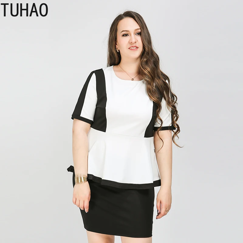 

TUHAO 2019 Summer Elegant Office Lady Blouse Plus Size 6XL 5XL 4XL 3XL Ruffles Patchwork Black and White Top Women Shirt LW130