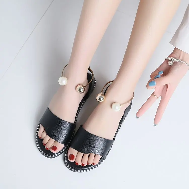 

Hot Selling Four Seasons Sandals Women's Summer Peep-Toe Simple Flat Rome Sandals Women's Pearl Buckle Students WOMEN'S Shoes