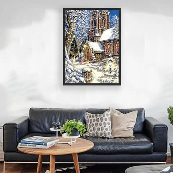 

5D Diy Diamond Embroidery Christmas Tree House Diamond Painting Snow Full Round Diamond Landscape