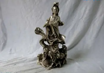 

free shipping 23cm 9" China silver Buddhism Subdue Dragon Kwan-yin Guanyin buddha Sculpture Statue off 50%