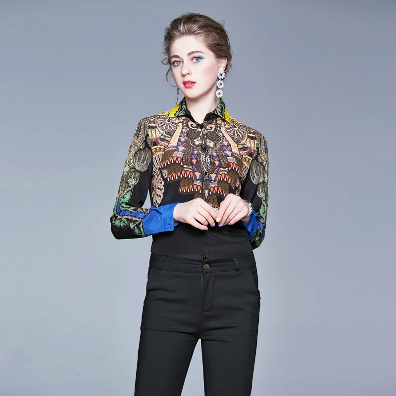  2019 Fashion Designer Runway Tops Women Blouses Long Sleeve Shirt Vintage Printed Blouse Womens Top
