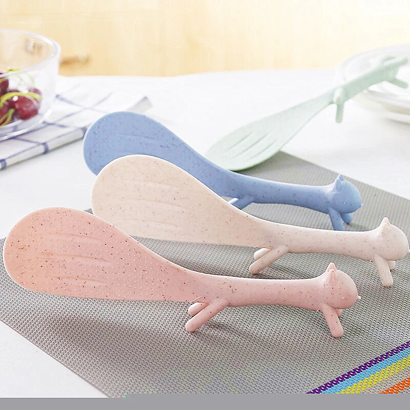 

Cute Creative Little Squirrel Stand Vertical Non-stick Rice spoon Wheat Straw Plastic Large Rice Paddle Kitchen Dinner Tools