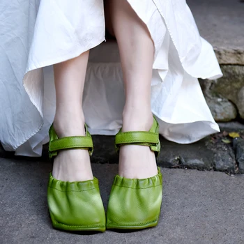 

Artmu Original Fashion Women's Sandals Square Toe Single Shoes Closed Toe Slippers Genuine Leather Green Flats Outdoor Pleated