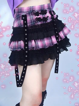

Original Design Punk Black Sweet Japanese Girl Pink Plaided skirt Frog Ribbon ball gown lolita ribbons mini skirt women 2020